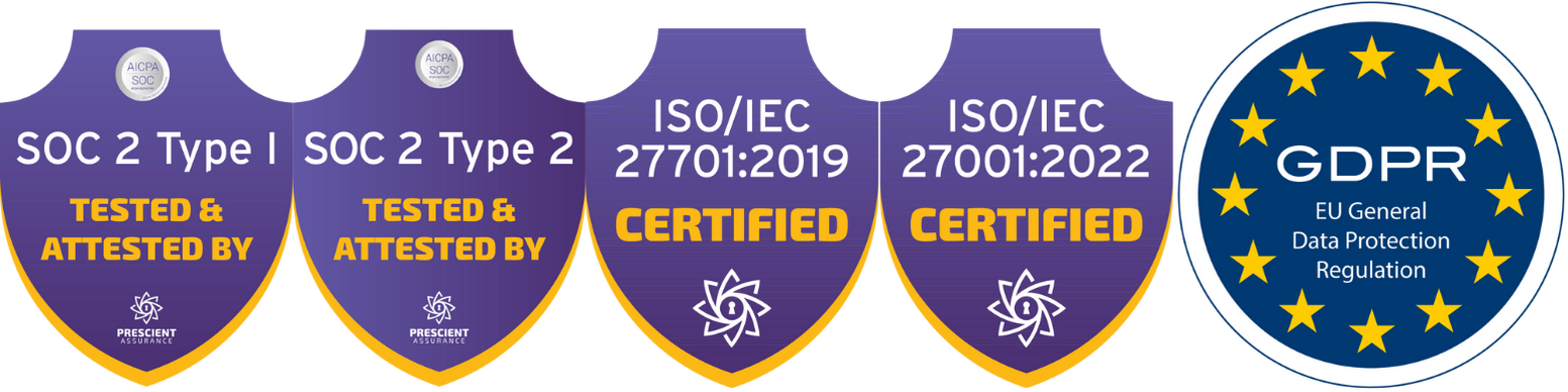 SOC 2 Type I & II, ISO/IEC 27701:2019, ISO/IEC 27001:2022 Certified, GDPR Compliant